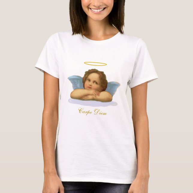 Stylish Raphael Cherub & Carpe Diem Calligraphy T-Shirt (Front)