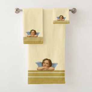Stylish Raphael cherub on ivory & golden Stripes Bath Towel Set