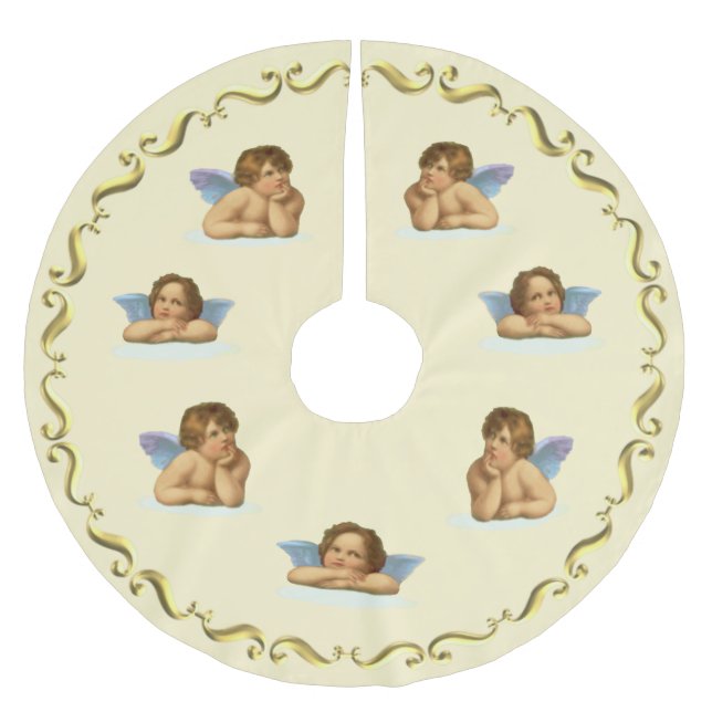Stylish Raphael Cherubs and Golden Frame on Ivory Brushed Polyester Tree Skirt (Front)
