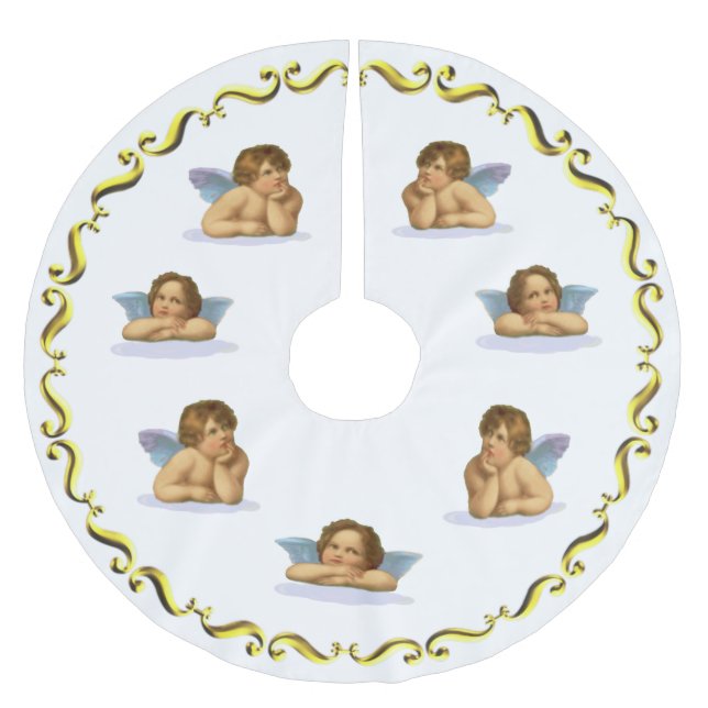 Stylish Raphael Cherubs and Golden Frame on White Brushed Polyester Tree Skirt (Front)