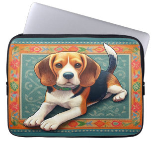 Stylish Realistic 3D Beagle Dog Colourful Border Laptop Sleeve