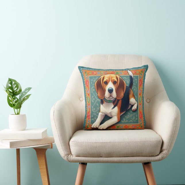 Stylish Realistic 3D Beagle Dog Colourful Border Throw Pillow (Chair)