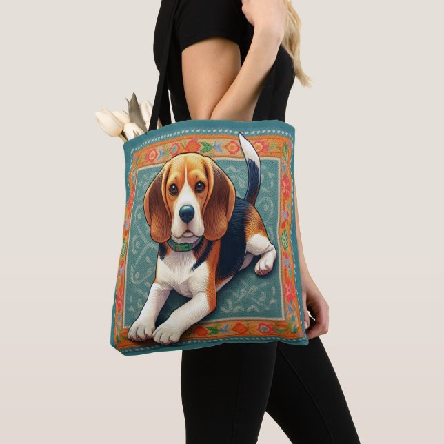 Stylish Realistic 3D Beagle Dog Colourful Border Tote Bag (Close Up)