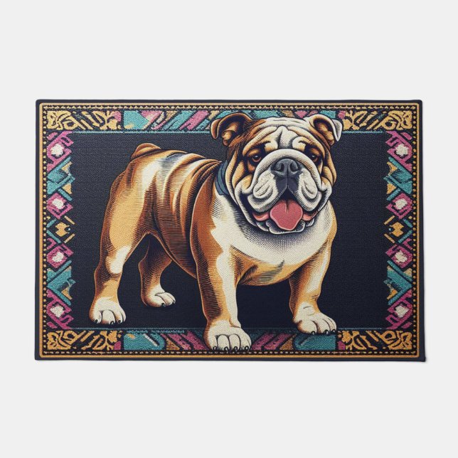 Stylish Realistic Bulldog with A Colourful Frame Doormat (Front)