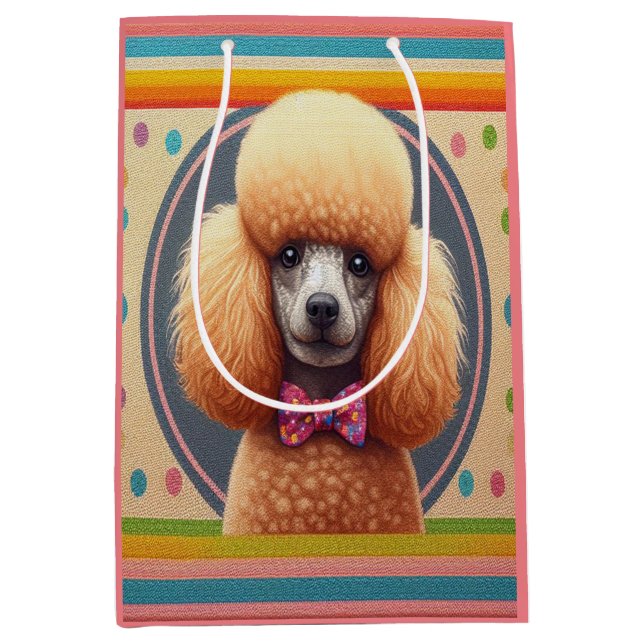 Stylish Realistic Cute Poodle Dog Colourful Border Medium Gift Bag (Front)