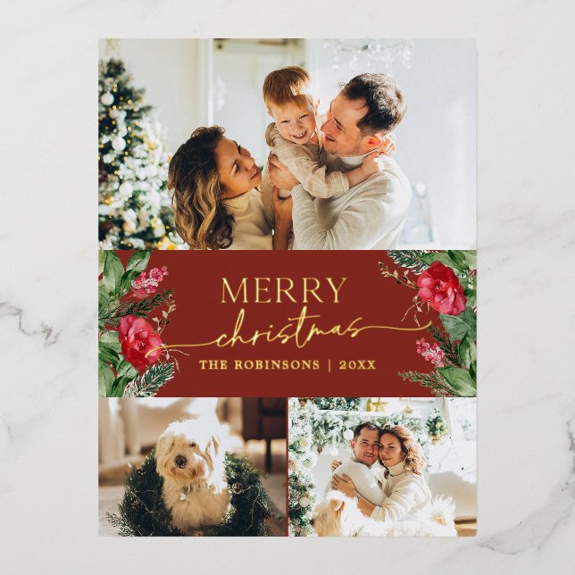 Stylish Red 3 Photo Botanical Merry Christmas Gold Foil Holiday Postcard (Front)