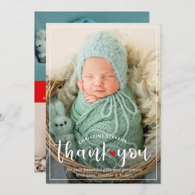 Stylish Red 3 Photo Thank You Birth Announcement (Front/Back)