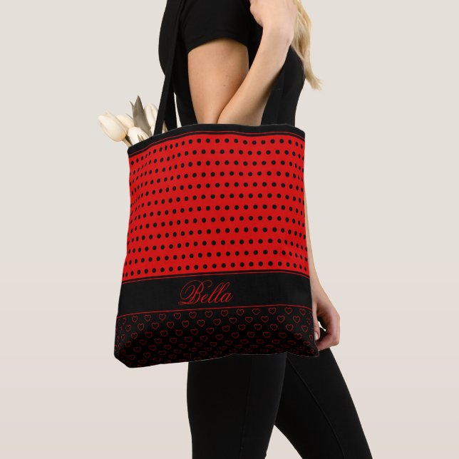 Stylish Red And Black Colours Polka Dot Design Nam Tote Bag (Close Up)