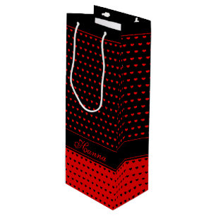 Stylish Red and Black Hearts Pattern, Custom Name Wine Gift Bag