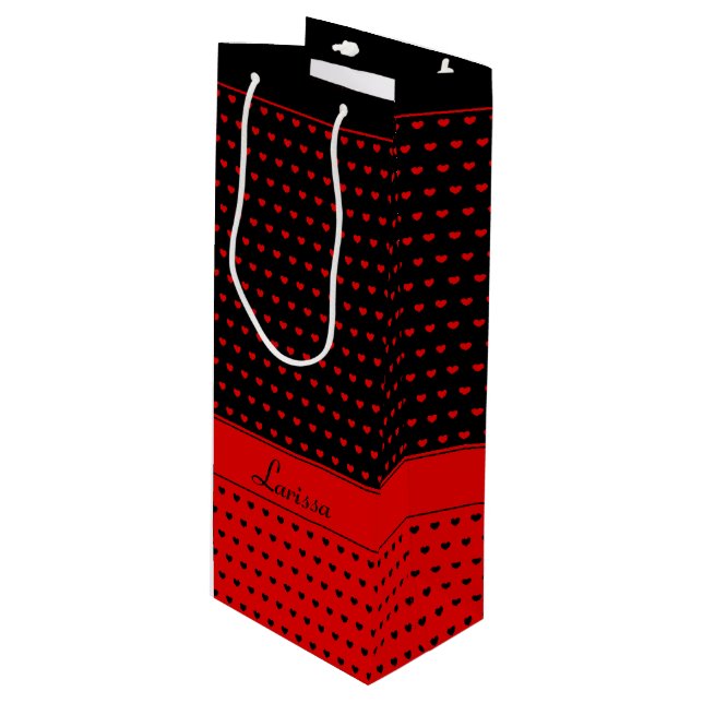 Stylish Red and Black Hearts Pattern, Custom Name Wine Gift Bag (Front Angled)