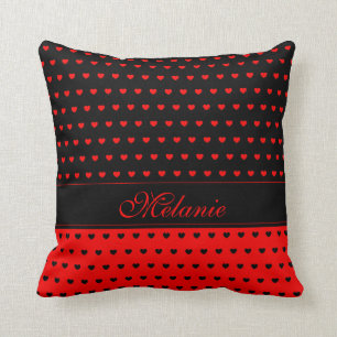 Stylish Red And Black Hearts Pattern Name Template Throw Pillow