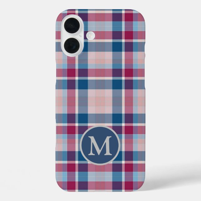 Stylish Red and Blue Classic Plaid Monogram Case-Mate iPhone Case (Back)