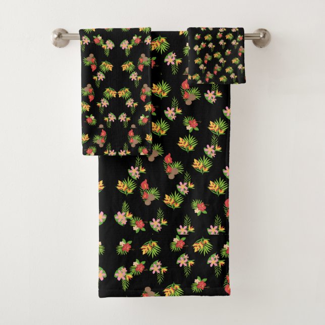 Stylish red and pink wildflower pattern on black bath towel set (Insitu)
