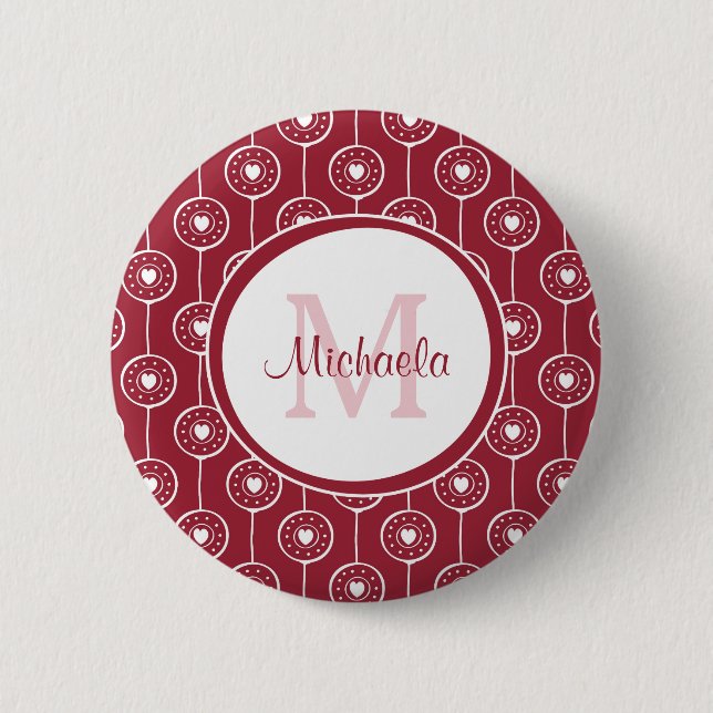 Stylish Red and White Hearts Monogram With Name 2 Inch Round Button (Front)