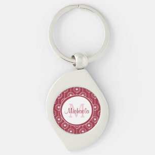 Stylish Red and White Hearts Monogram With Name Keychain