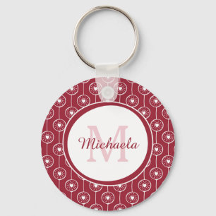 Stylish Red and White Hearts Monogram With Name Keychain