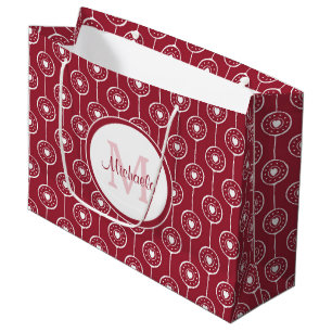 Stylish Red and White Hearts Monogram With Name Large Gift Bag