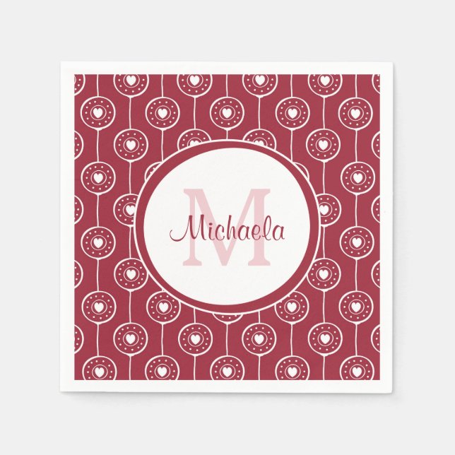 Stylish Red and White Hearts Monogram With Name Napkin (Front)