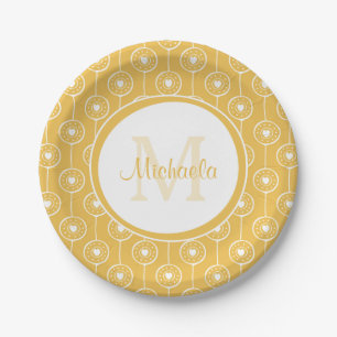 Stylish Red and White Hearts Monogram With Name Paper Plate