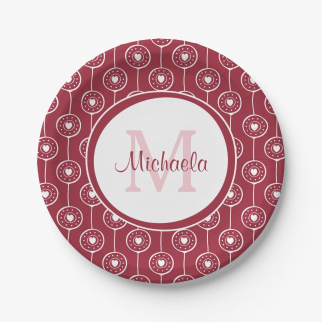Stylish Red and White Hearts Monogram With Name Paper Plate (Front)