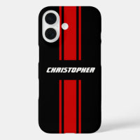 Stylish Red Black Racing Stripes Monogrammed Name