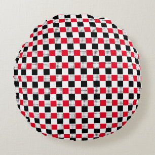 Stylish red black & white Chequerboard classic Round Pillow