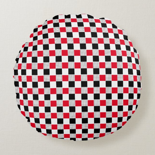 Stylish red black & white Chequerboard classic Round Pillow (Front)