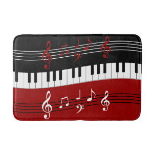 Stylish Red Black White Piano Keys and Notes Bath Mat
