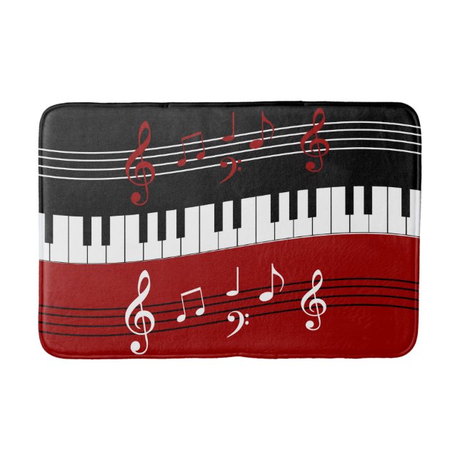 Stylish Red Black White Piano Keys and Notes Bath Mat (Front)
