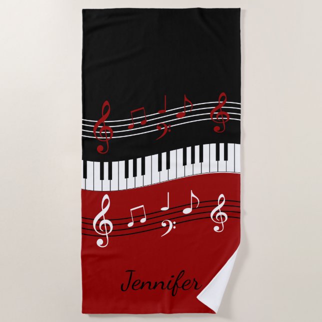Stylish Red Black White Piano Keys and Notes Beach Towel (Front)