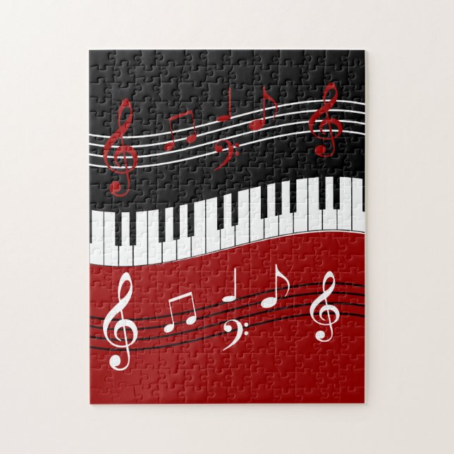 Stylish Red Black White Piano Keys and Notes Jigsaw Puzzle (Vertical)