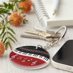 Stylish Red Black White Piano Keys and Notes Keychain