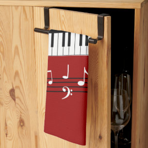 Stylish Red Black White Piano Keys and Notes Kitchen Towel