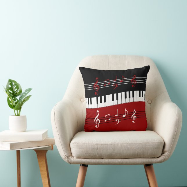 Stylish Red Black White Piano Keys and Notes Throw Pillow (Chair)