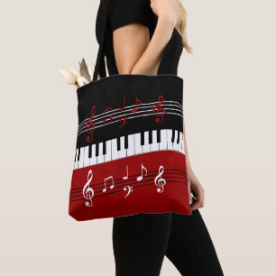 Stylish Red Black White Piano Keys and Notes Tote Bag