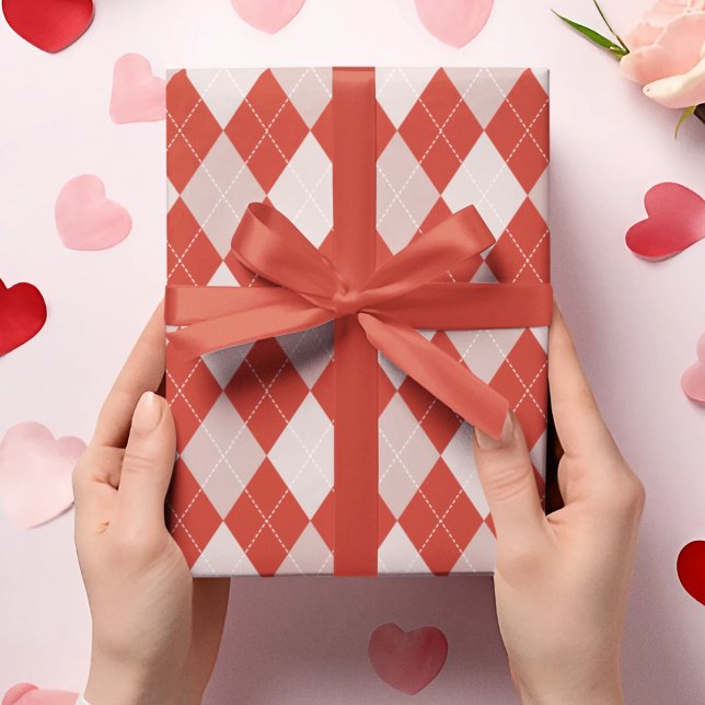 Stylish Red & Blush Pink Large Argyle Pattern Wrapping Paper (Elegant & Trendy Red & Blush Pink Large Diamond Pattern for Her. Argyle with Dotted White Lines.)