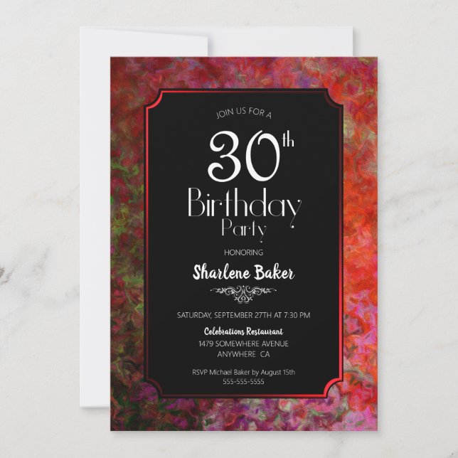 Stylish Red Border Black 30th Birthday Party Invitation (Front)