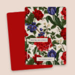Stylish Red BotanicalFloral Merry Christmas Script Holiday Card<br><div class="desc">Beautiful vintage look floral print Christmas greeting card features stylish pretty red and blue botanical flowers with greenery leaves on a taupe background,  and includes a vibrant red back of the card. A simple Christmas greeting with elegant white script and your personalized name complete this festive card.</div>