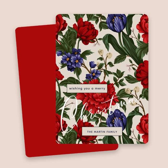 Stylish Red BotanicalFloral Merry Christmas Script Holiday Card (Creator Uploaded)