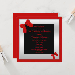 Stylish Red Bows & Silver Framed Birthday  Invitation