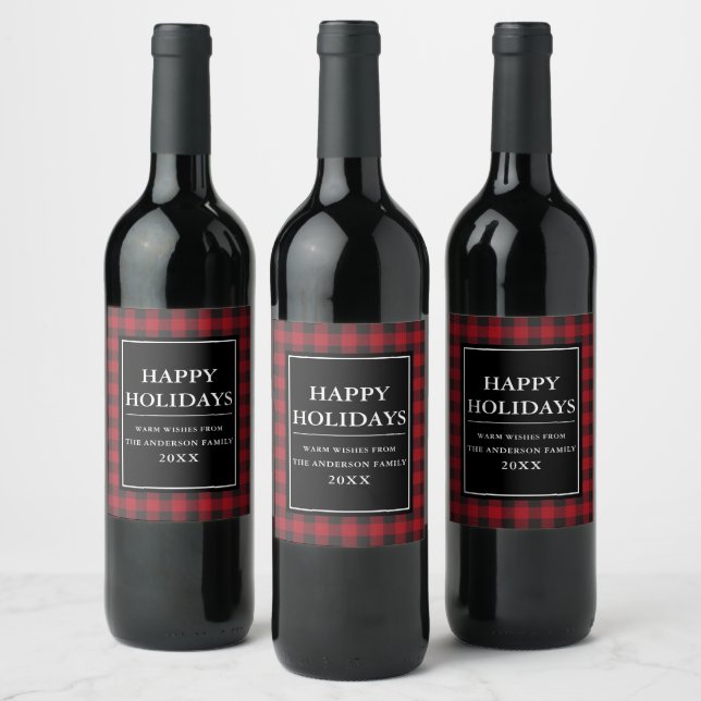 Stylish Red Buffalo Plaid Happy Holidays Wine Label (Bottles)