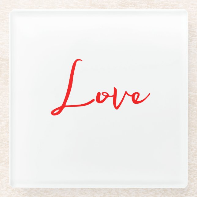 Stylish Red Calligraphy White Love Wedding Glass Coaster (Front)