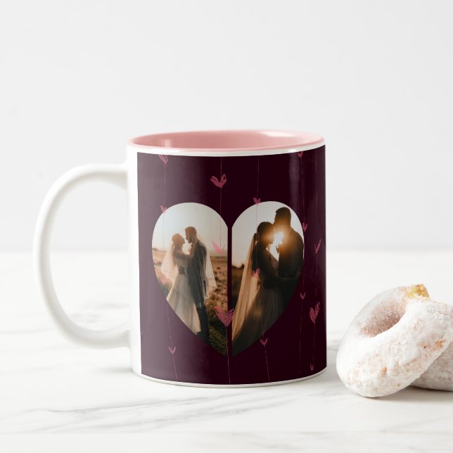 Stylish Red Custom Heart shape gift for her & him Two-Tone Coffee Mug (With Donut)