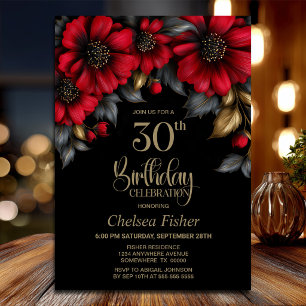 Stylish Red Floral Black 30th Birthday Party Invitation