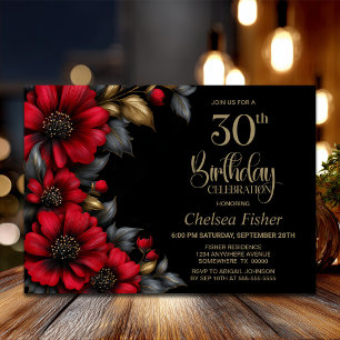 Stylish Red Floral Black 30th Birthday Party Invitation