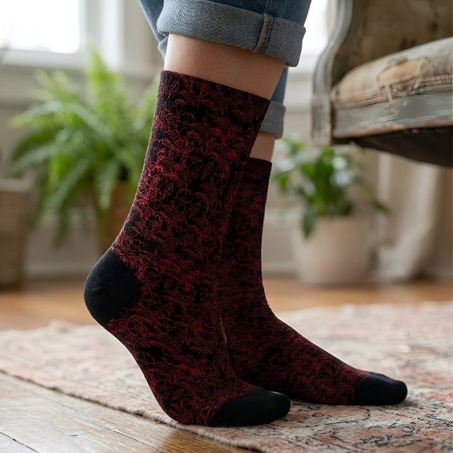 Stylish Red Floral Pattern on Black Socks (Creator Uploaded)