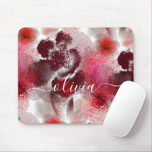 Stylish Red Floral Signature Monogram Mouse Pad