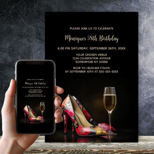 Stylish Red Floral Stiletto Shoes Birthday Party Invitation
