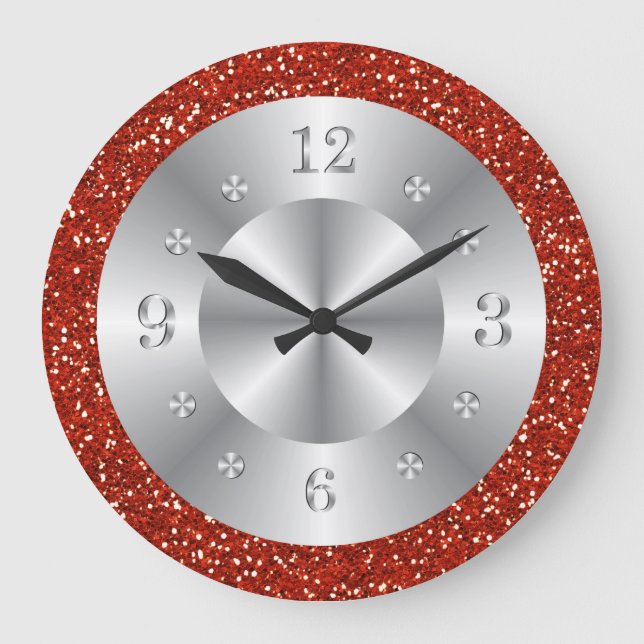 Stylish  Red Glitter Silver Numbers Large Clock (Front)