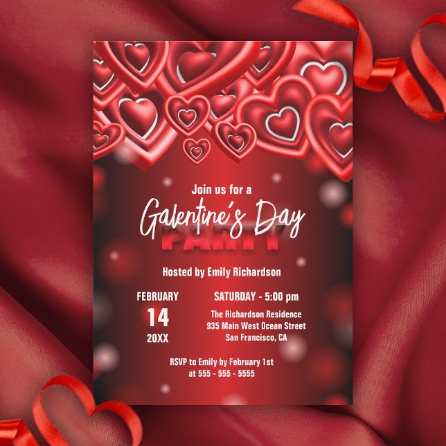 Stylish Red Glossy Hearts Galentine’s Day Party  Invitation (Creator Uploaded)
